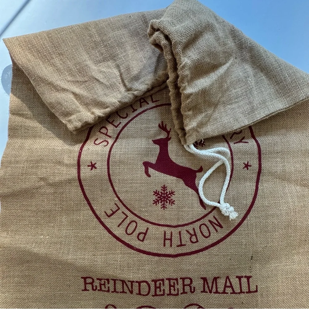 Rustic Burlap Christmas Santa Sack Reindeer Mail Drawstring Gift Bag Large 33x24